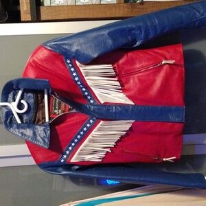 Red & Blue Fringe Leather Jacket -